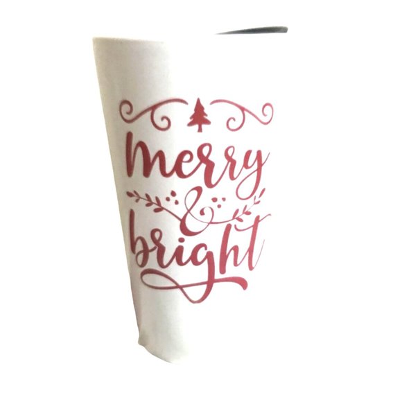 CHRISTMAS MERRY & BRIGHT Tall Ceramic COFFEE MUG With Lid  6" Tall - Picture 2 of 6